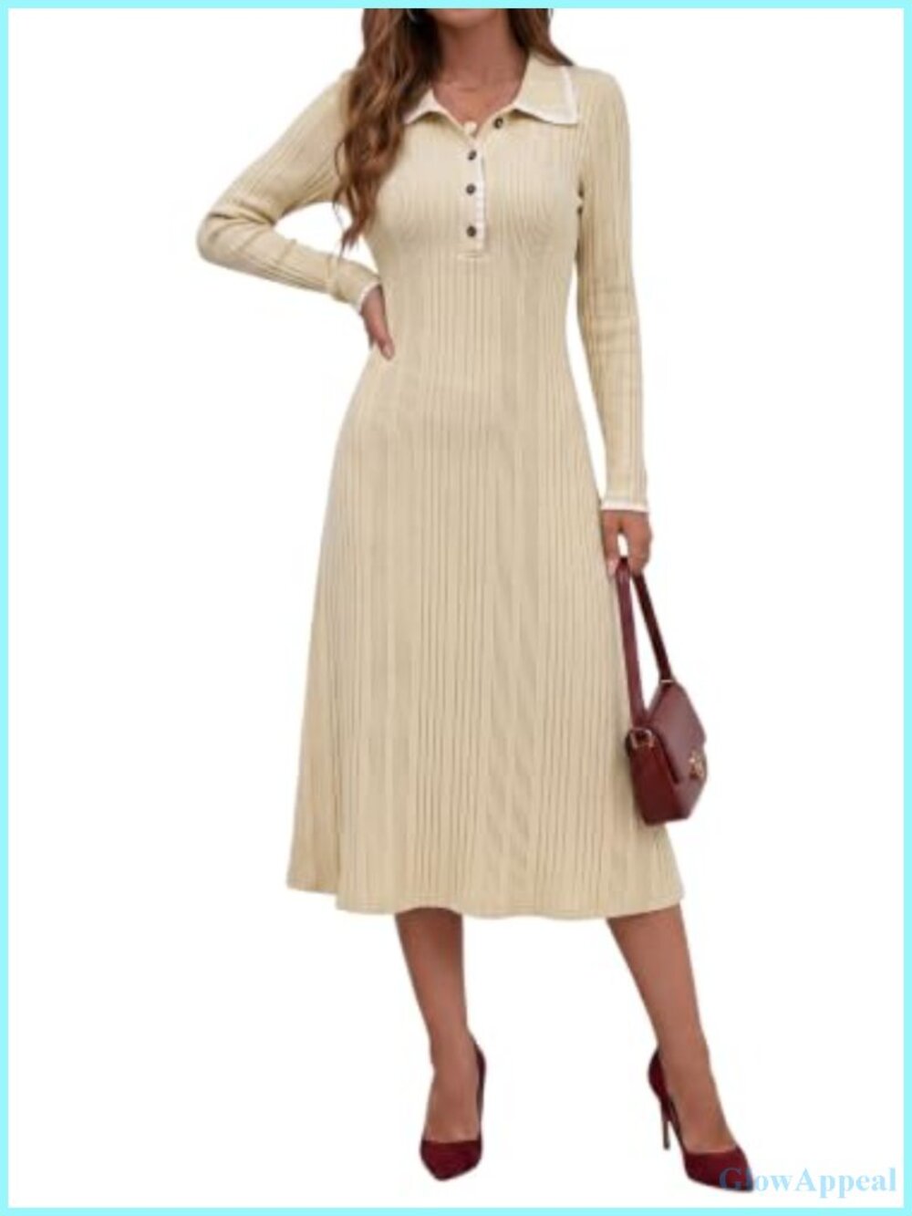 Ribbed Knit Sweater Dress Long Sleeve Bodycon V-Neck Button Up